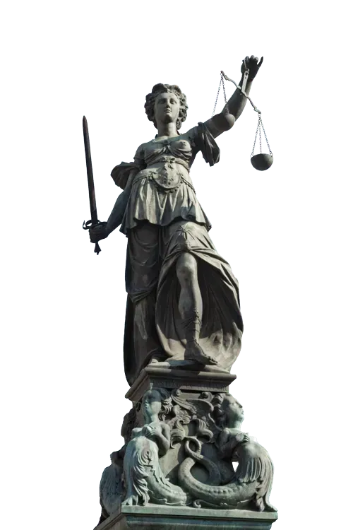 Statue of Lady Justice holding scales and a sword atop an ornate pedestal