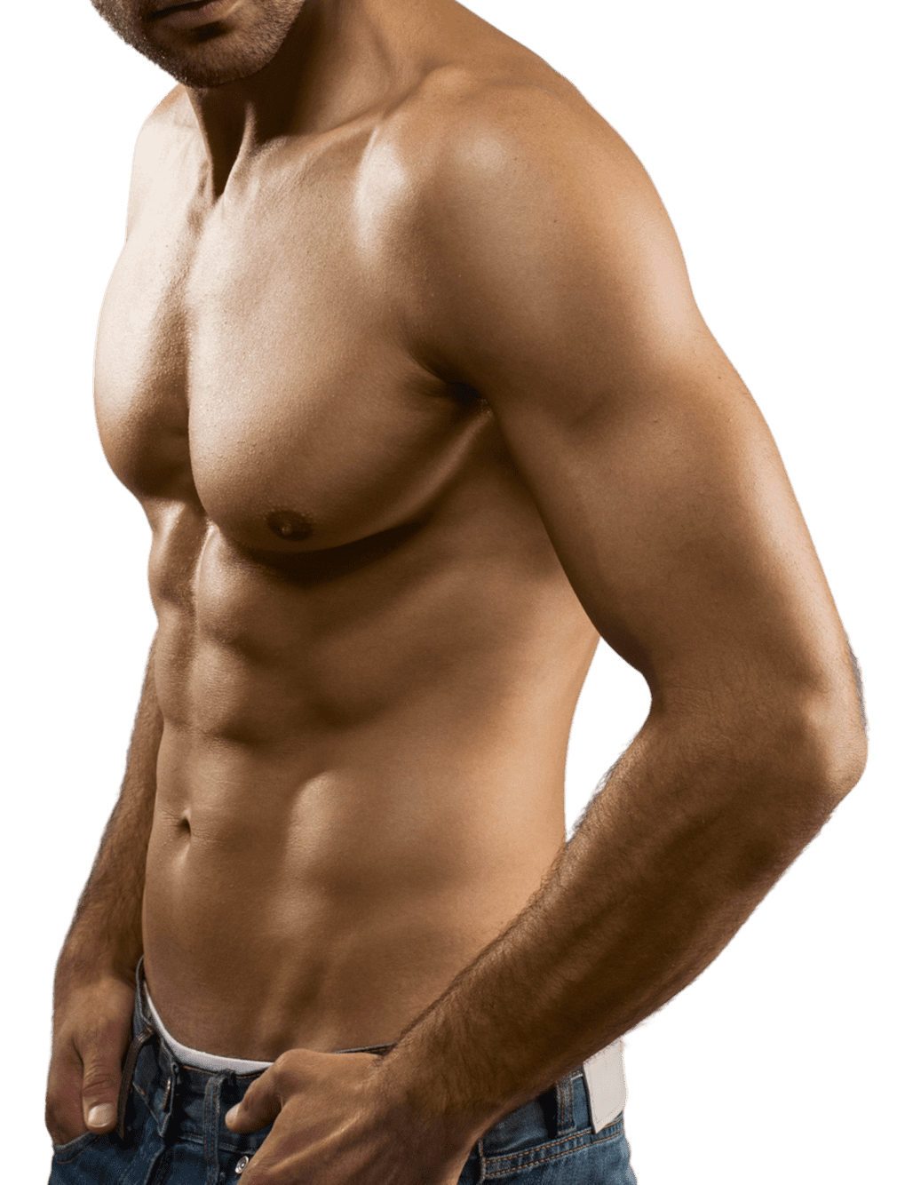 A shirtless man is standing with his hands on his hips A shirtless man is standing with his hands on his hips