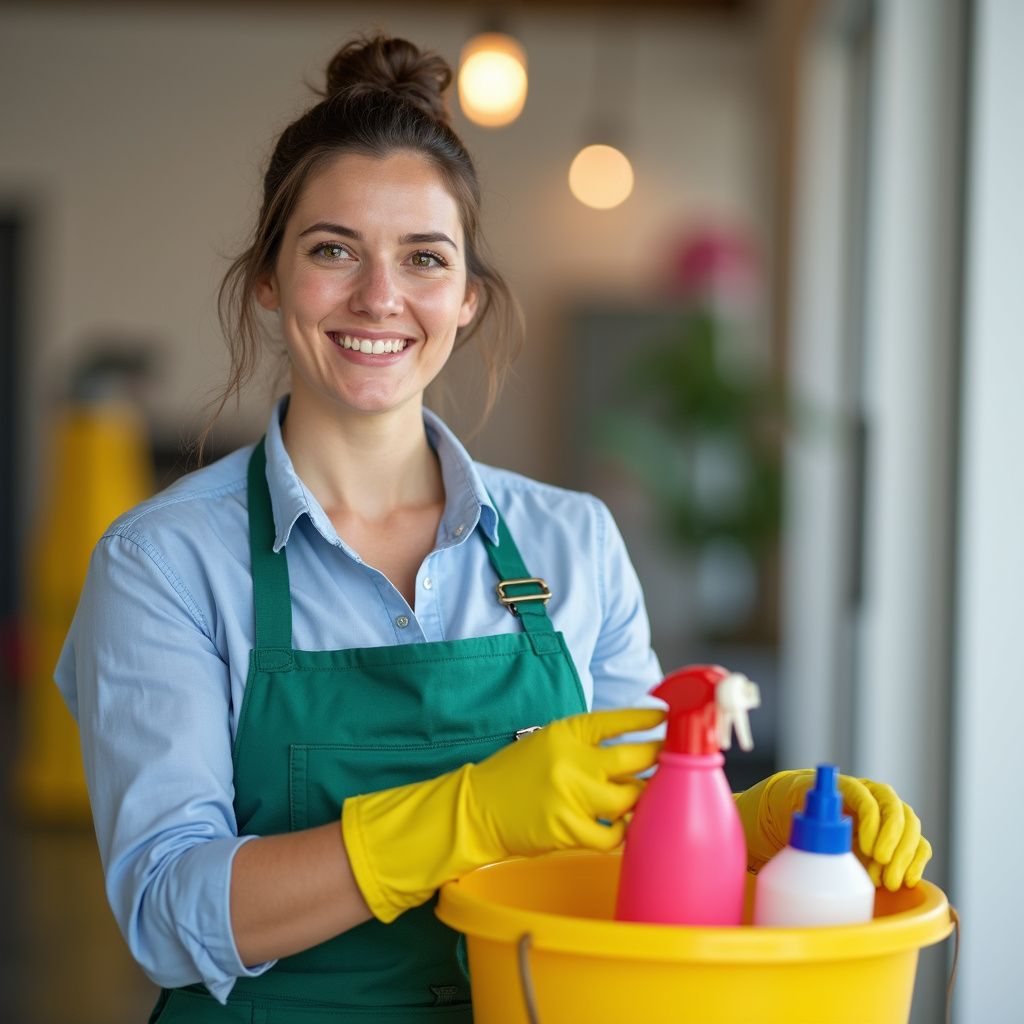 Woman in apron and gloves holding a bucket with cleaning supplies, smiling in a bright setting.