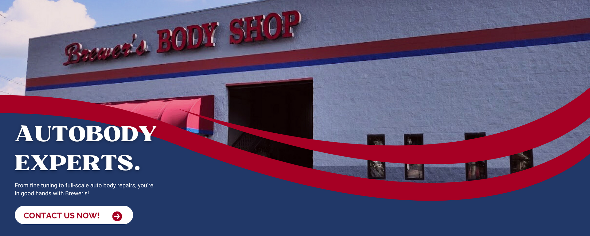 A business advertisement for a body shop featuring a building exterior, blue and red branding, and a contact button.