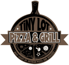 Tiny Lot Pizza & Grill logo with a brown circular badge and bold tan banner text