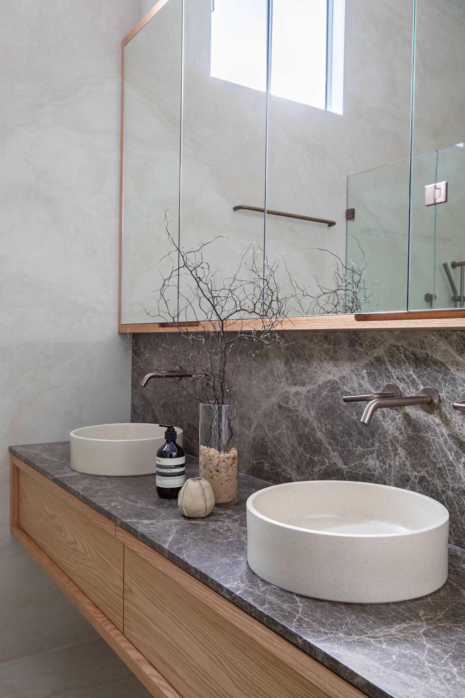 A kitchen with 2 white raised basins — Paiano Custom Kitchens In Corrimal, NSW