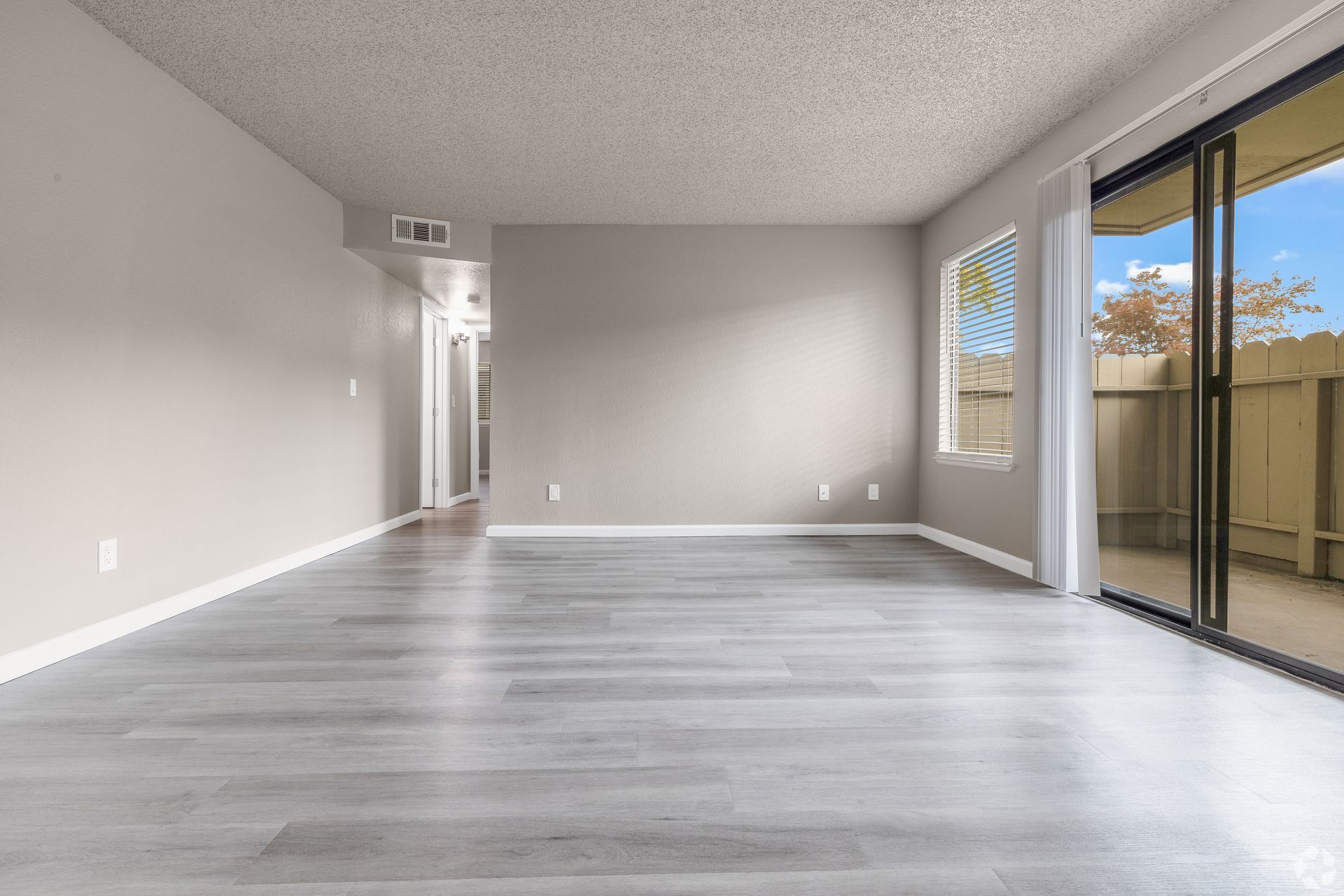 Empty living room with gray walls, wood-look flooring, and sliding glass door leading to an outdoor area.