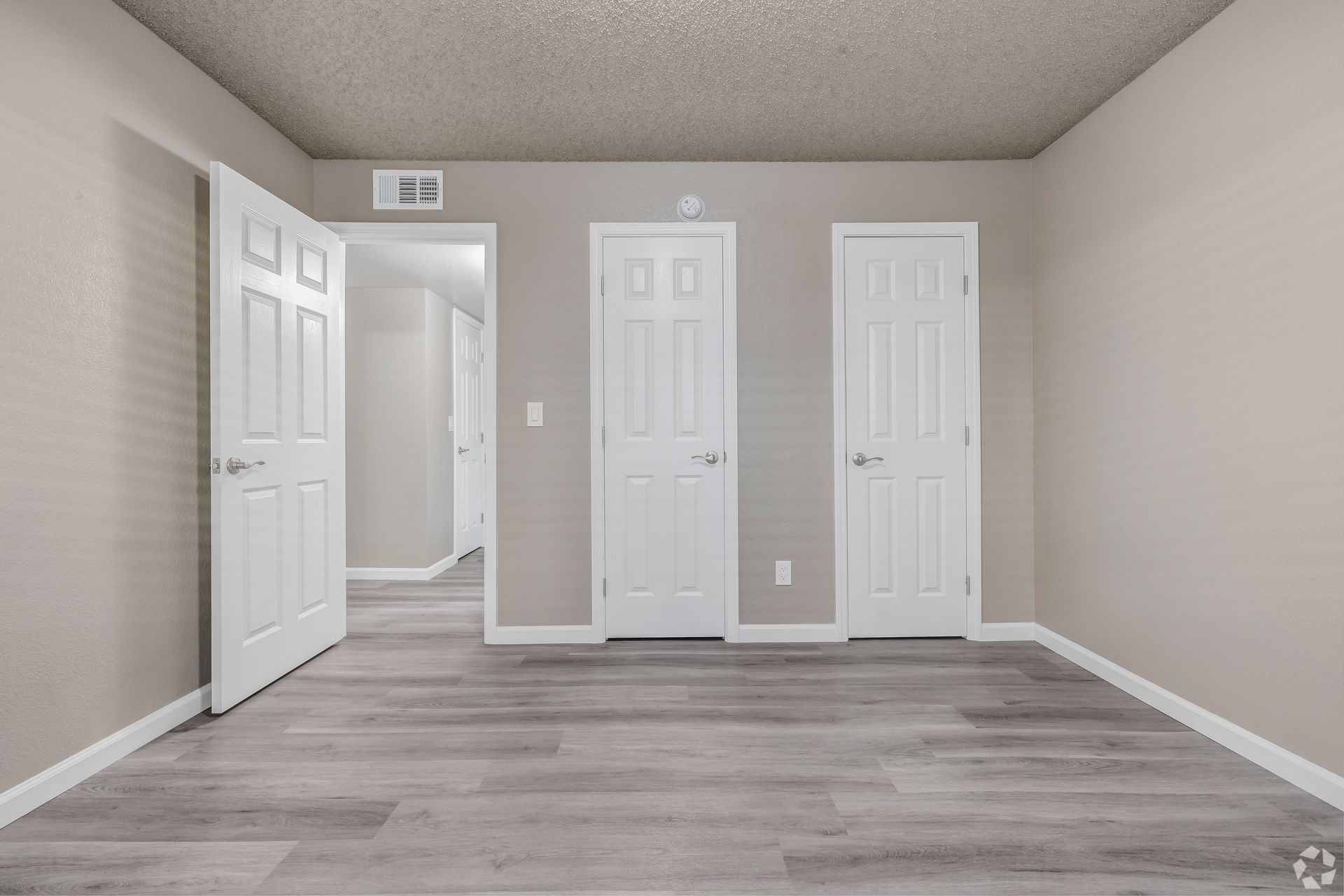 Empty room with gray wood-look flooring, three white doors, and neutral-toned walls.