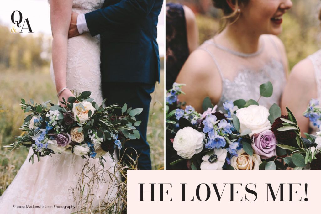 A bride and groom are posing for a picture with the words he loves me