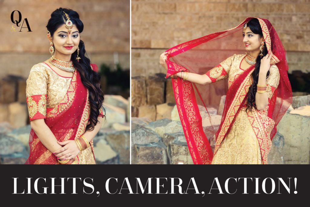 A woman in a red and gold dress is posing for a picture.