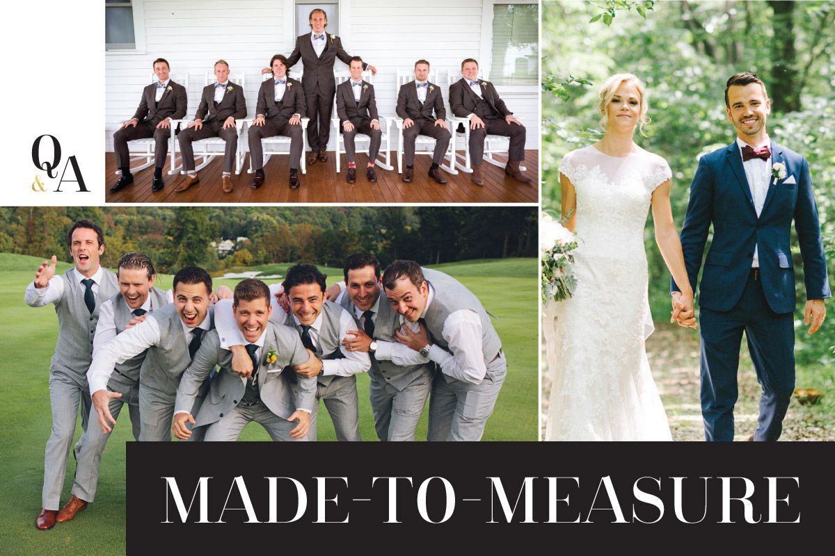 A bride and groom are posing for a picture with their wedding party