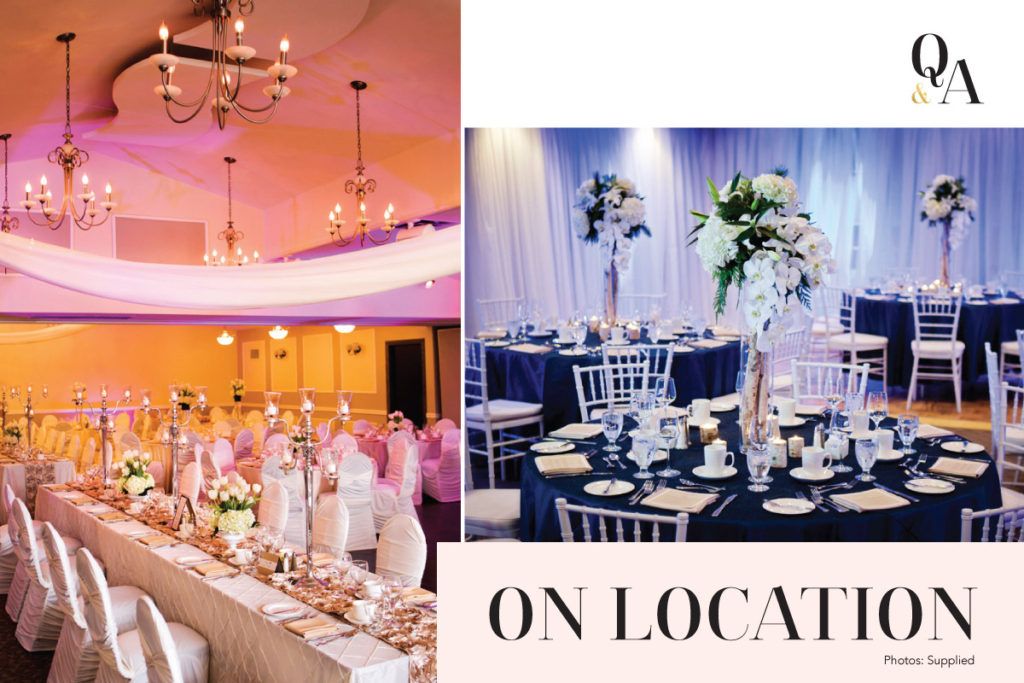 A large room with tables and chairs and a sign that says on location