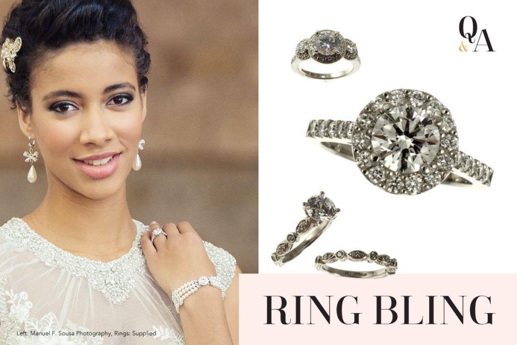 A woman in a wedding dress is wearing a ring and bracelet