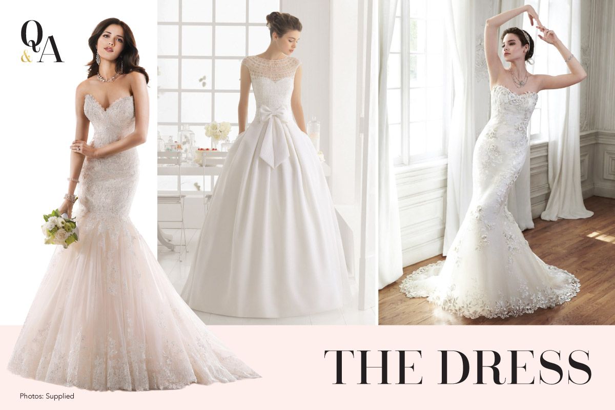 Three different types of wedding dresses are shown on a white background.