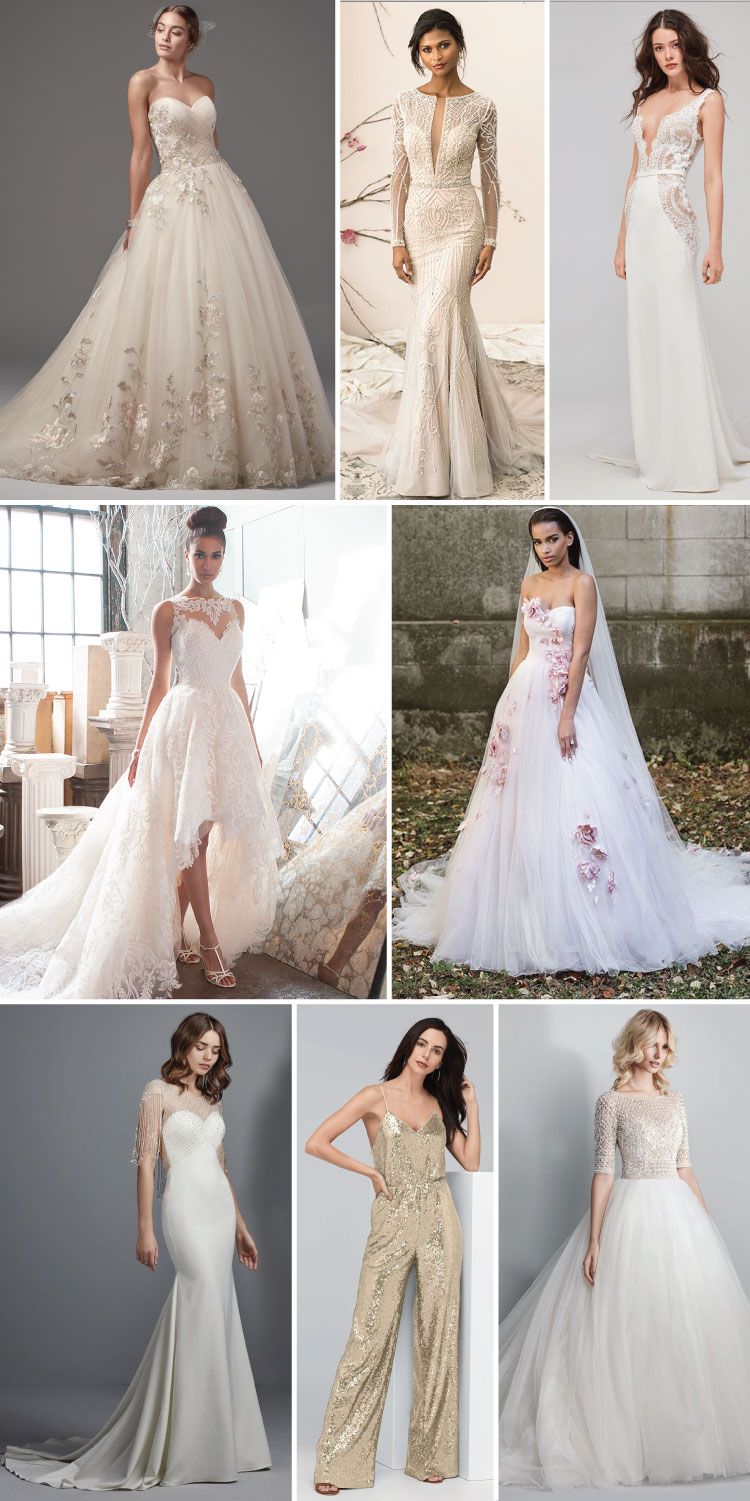 There are many different types of wedding dresses in this collage.