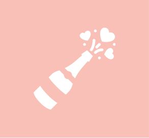 A bottle of champagne with hearts coming out of it on a pink background.
