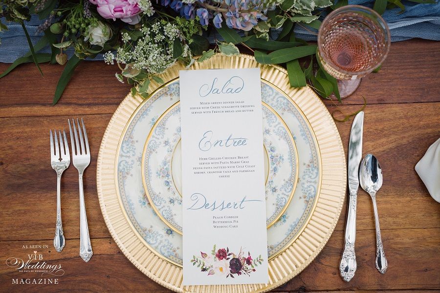 A plate with a menu on it is sitting on a wooden table.