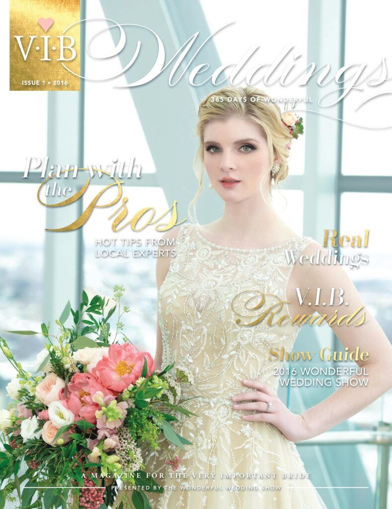 A woman in a wedding dress is holding a bouquet of flowers on the cover of a wedding magazine.