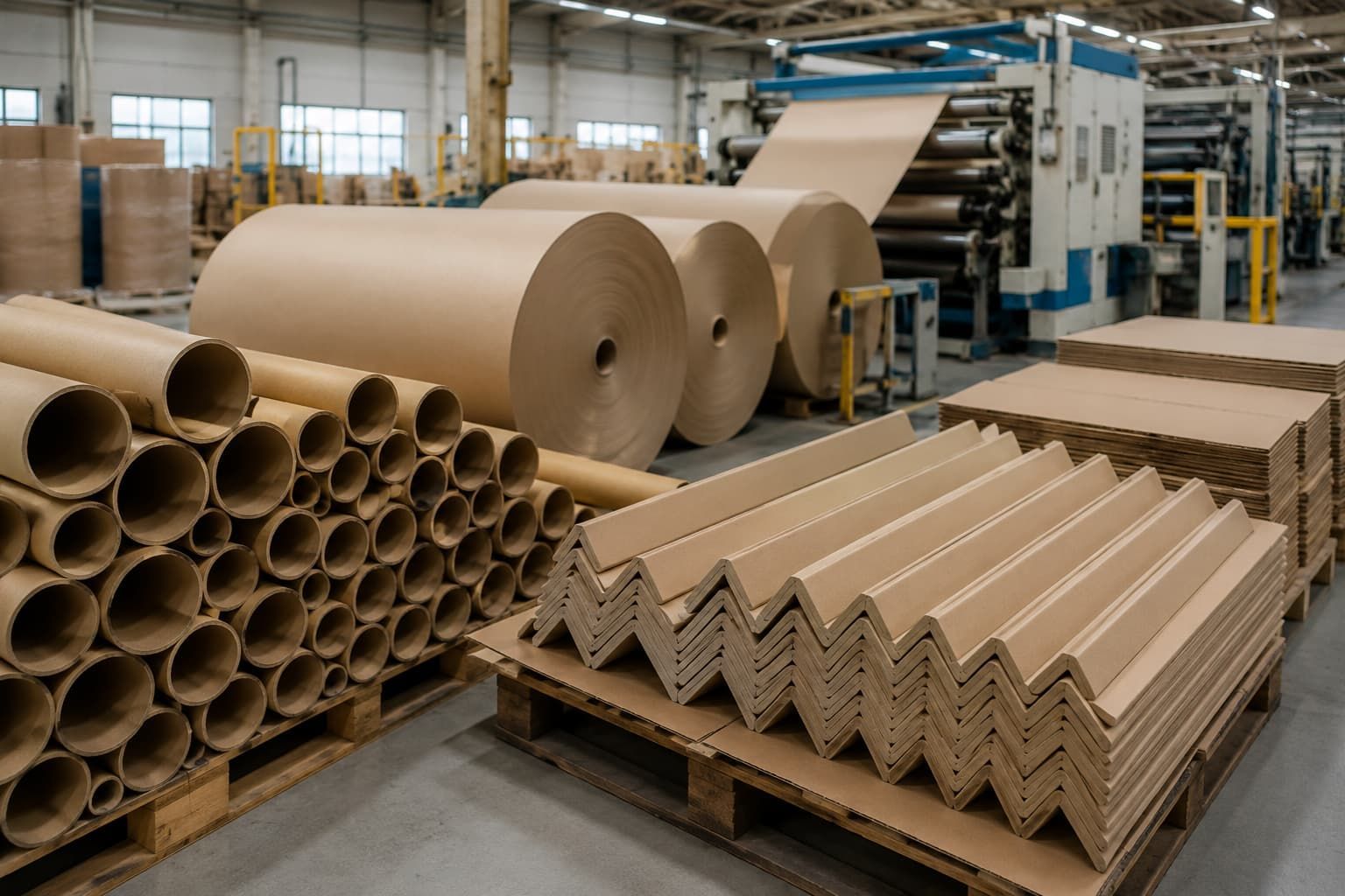 Bobinas de papel empilhadas no corredor de um armazém dentro de uma fábrica industrial.