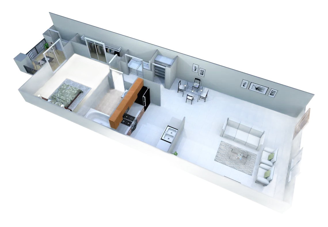 A 3D floor plan of a one-bedroom apartment with an open-concept kitchen, dining, and living area, bathroom, and balcony.