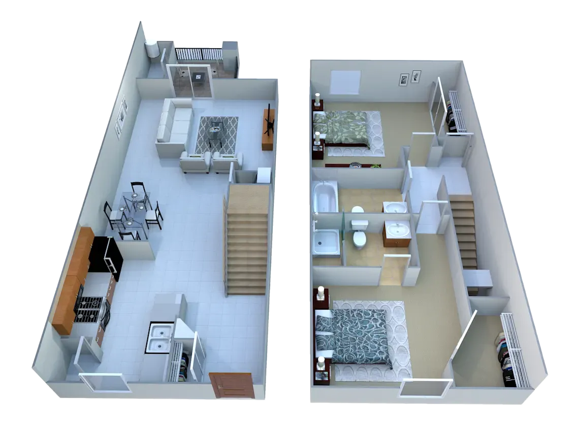 A 3D floor plan showing two levels of a two-bedroom apartment, including furniture, stairs, and a full bathroom.