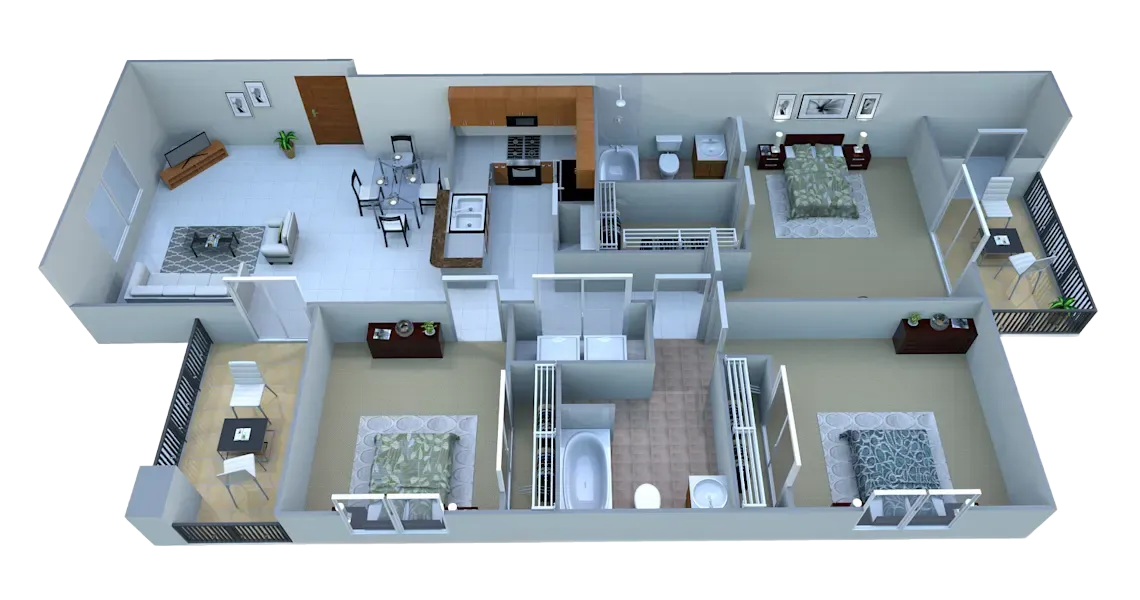 A 3D floor plan showing a furnished apartment with an open-concept living area, kitchen, three bedrooms, and two bathrooms.
