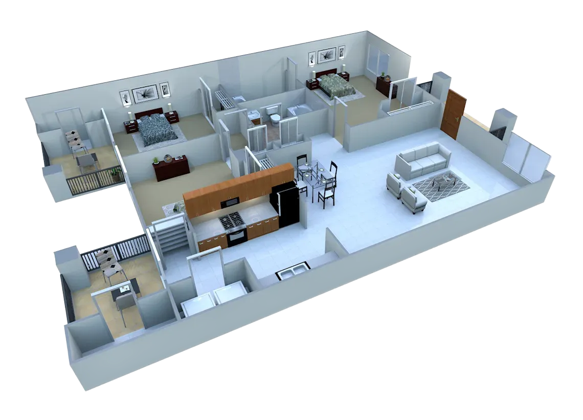 3D floor plan of a two-bedroom apartment with a living area, dining space, kitchen, and two bathrooms.