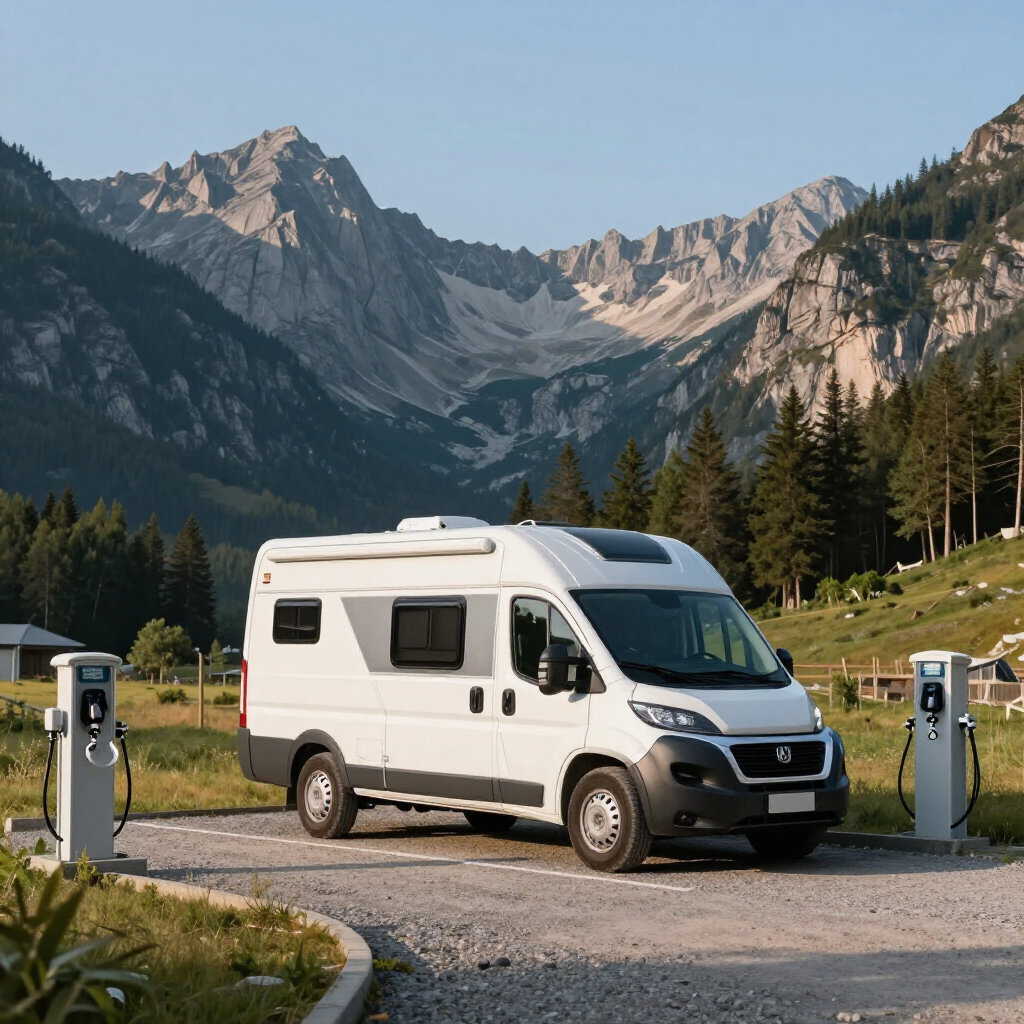 White camper van charging at a mountain campsite with dramatic alpine peaks in the background