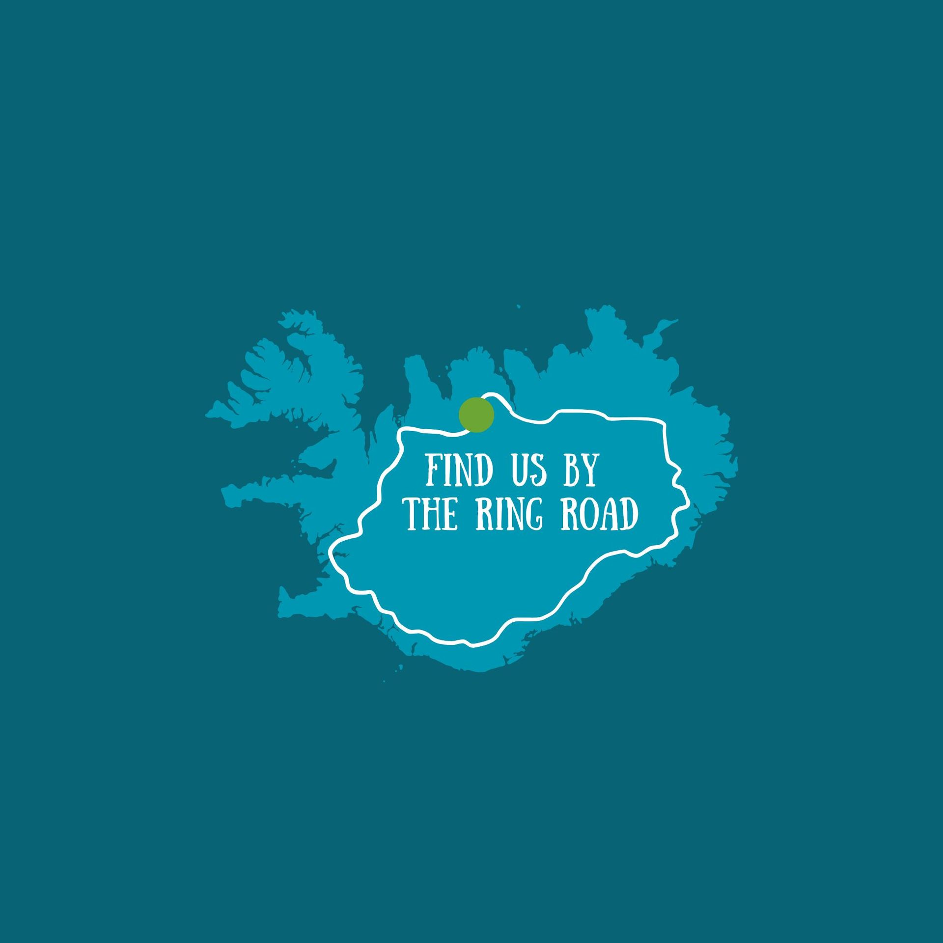 Teal map of Iceland, highlighting the famous ring road with white text “FIND US BY THE RING ROAD” and a green location pin
