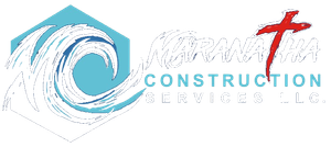 Construction Services LLC logo with blue wave icon and red crane graphic on a white background