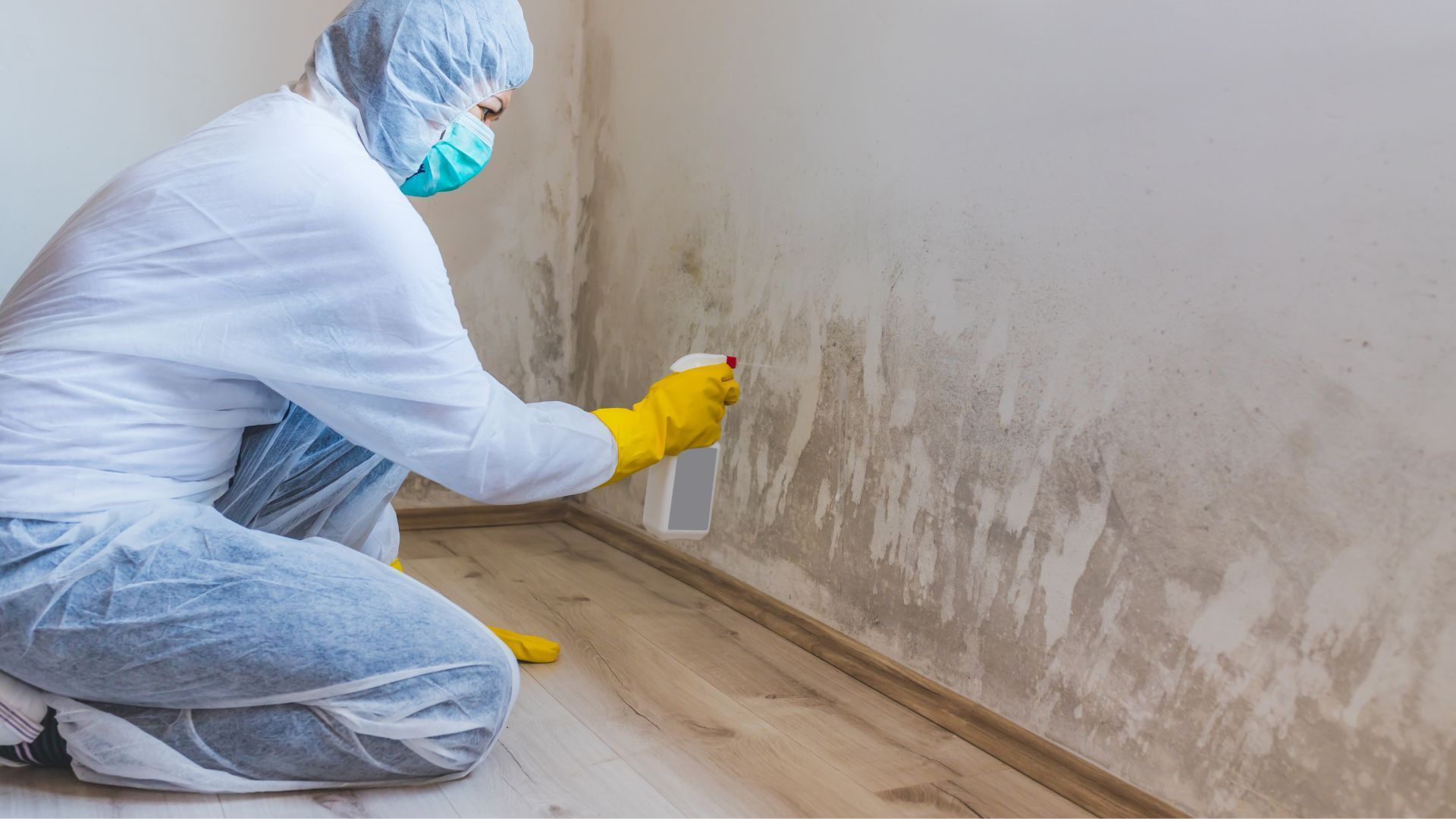 Person in protective gear spraying disinfectant along a moldy wall and floor corner