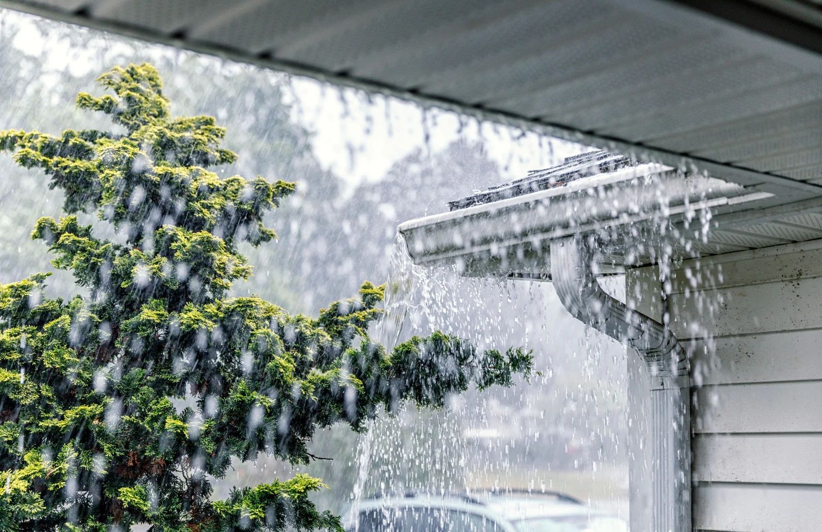 Heavy rain pouring off a roof beside a leafy tree and house siding