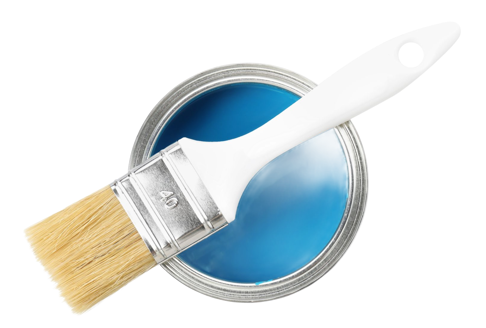 White paintbrush resting on an open can of blue paint