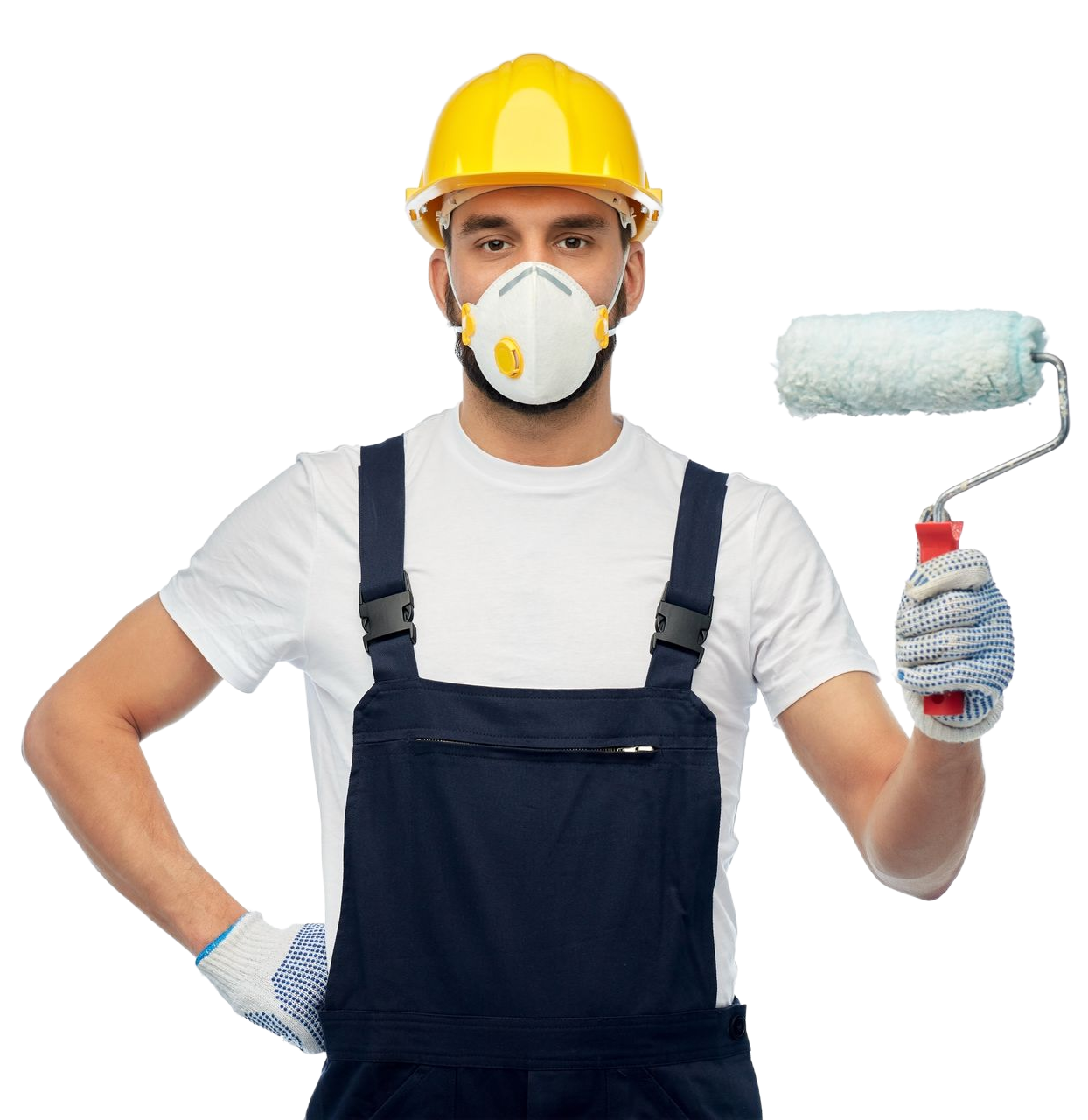 Painter in yellow hard hat and dust mask holding a paint roller, wearing navy overalls and gloves.