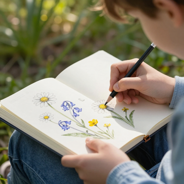 Person sketching wildflowers in a notebook outdoors with a pencil