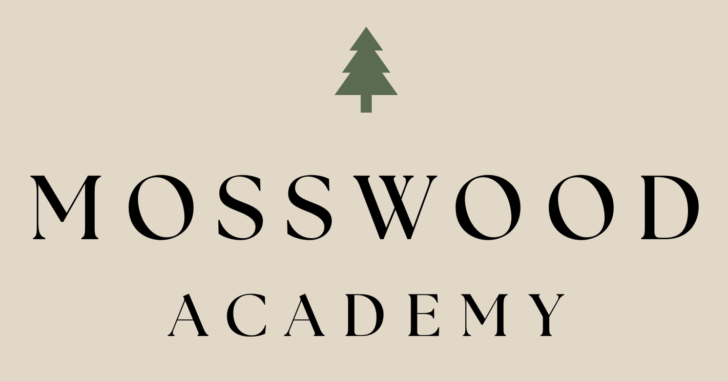 Mosswood Academy logo with a green tree icon above black serif text on a beige background