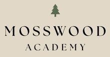 Mosswood Academy logo with a green tree icon above black serif text on a beige background