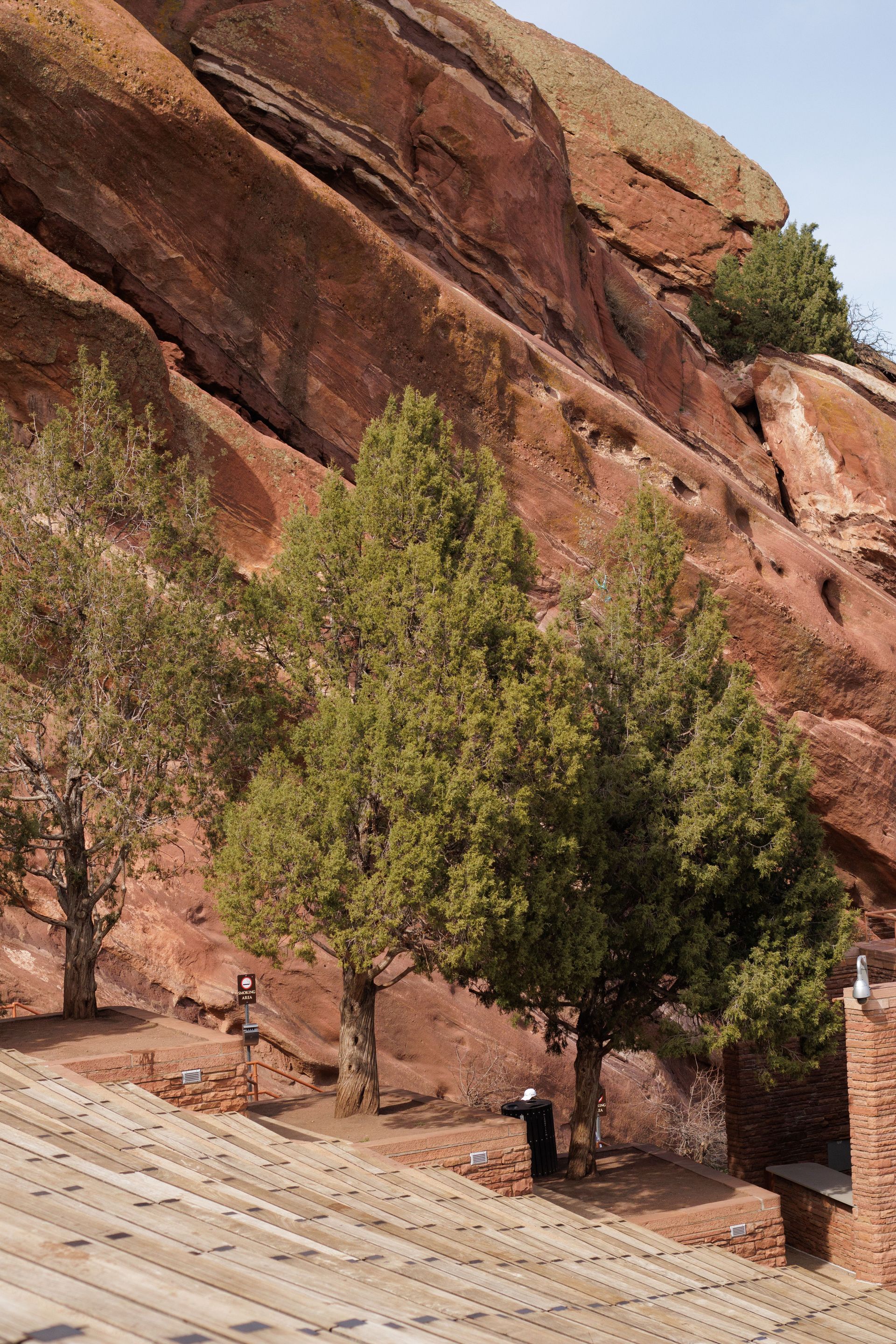 Red sandstone cliff beside a walkway with two green trees in the foreground
