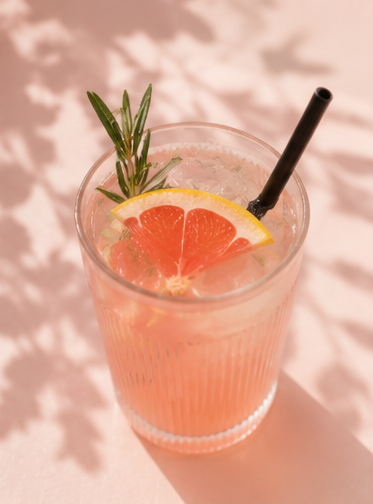 Roze citrusdrank met rozemarijngarnering en een rietje in een helder glas op een zonnige tafel.