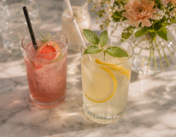 Twee verfrissende cocktails op een marmeren tafel, een roze met aardbei en een lichtgele met citroen en munt.