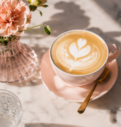 Een koffie met hartjes-latte art op een roze schoteltje naast een vaas met bloemen op een marmeren tafel.