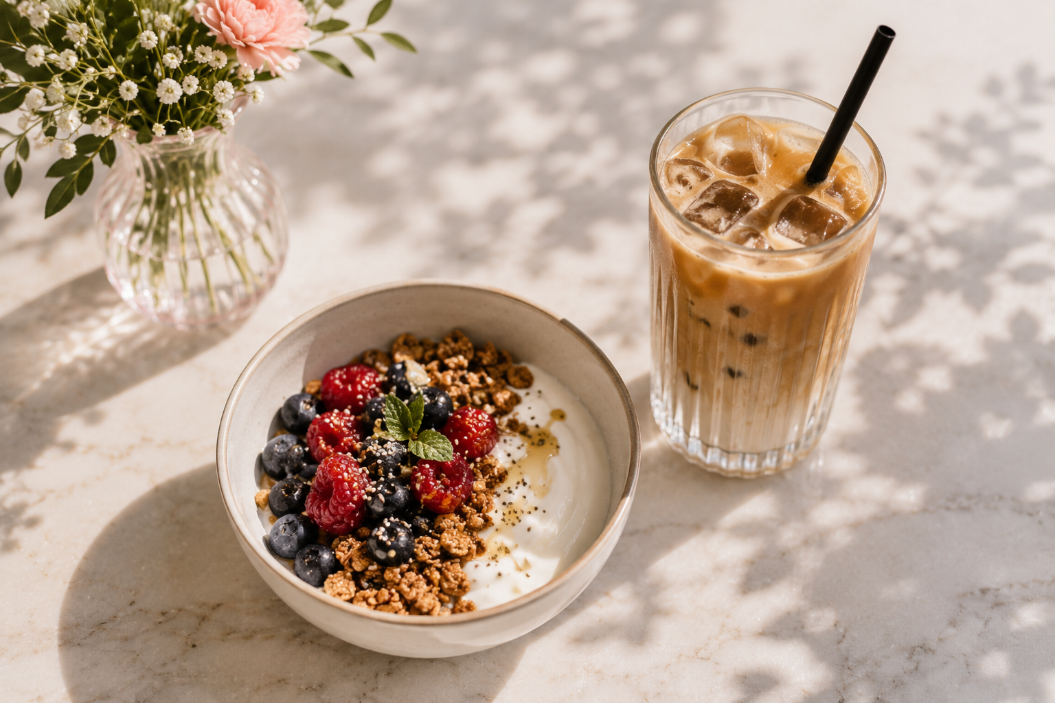 Een kom granola met bessen naast een ijskoffie op een tafel in de zon.