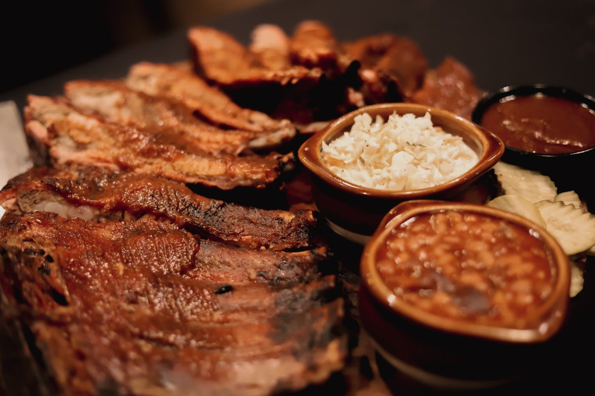 Ribs, beans, and potatoes lunch menu at Kansas Smokehouse bbq 