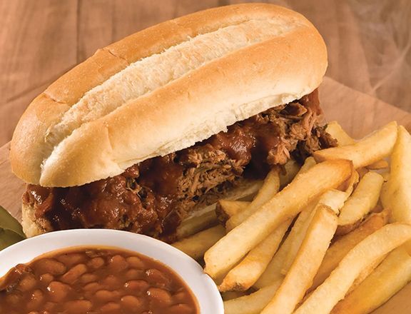 Gladstone smokehouse barbecue pulled pork sandwich with coleslaw and baked beans