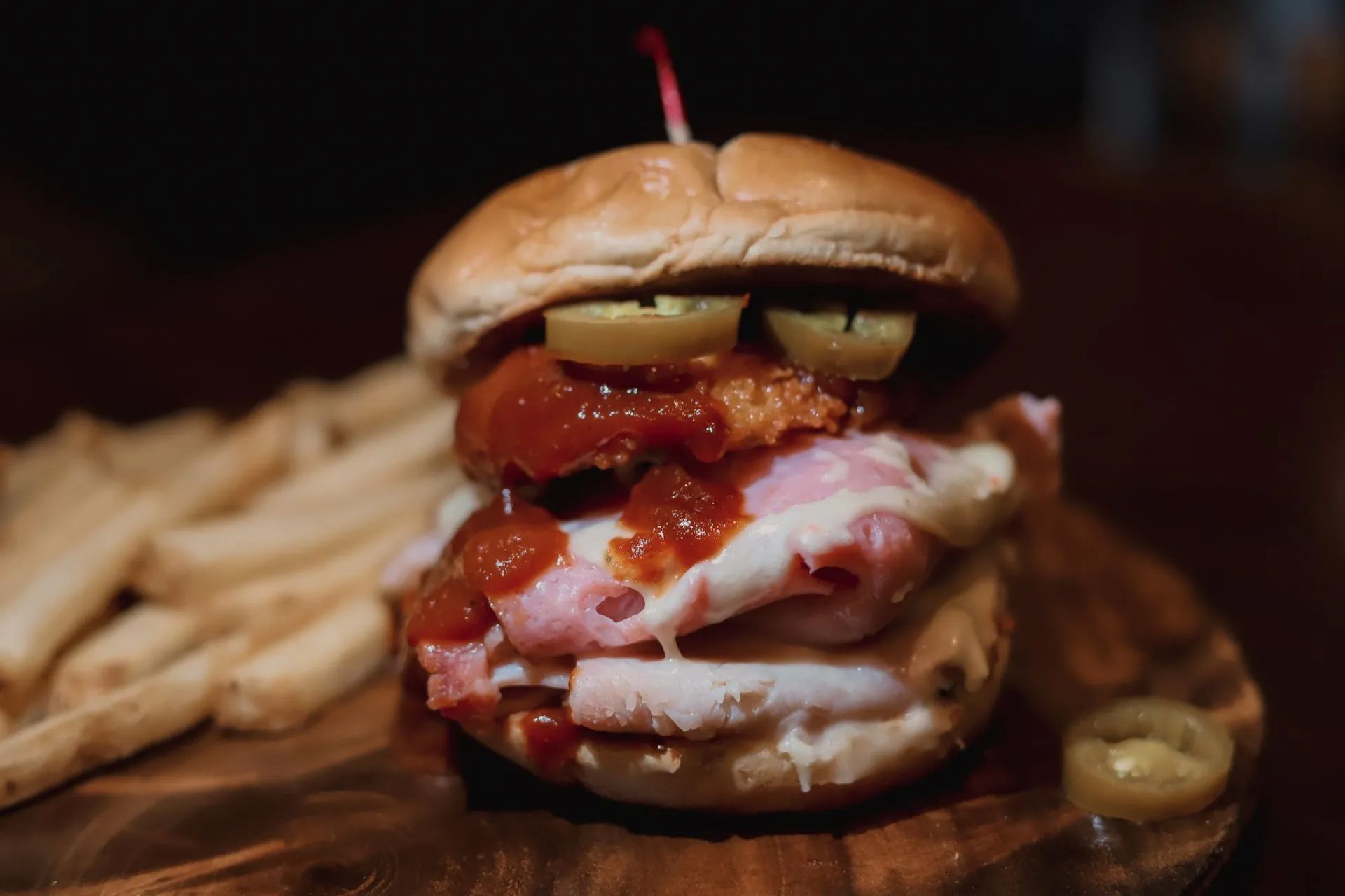 Sandwich and french fries at authentic smokehouse bbq
