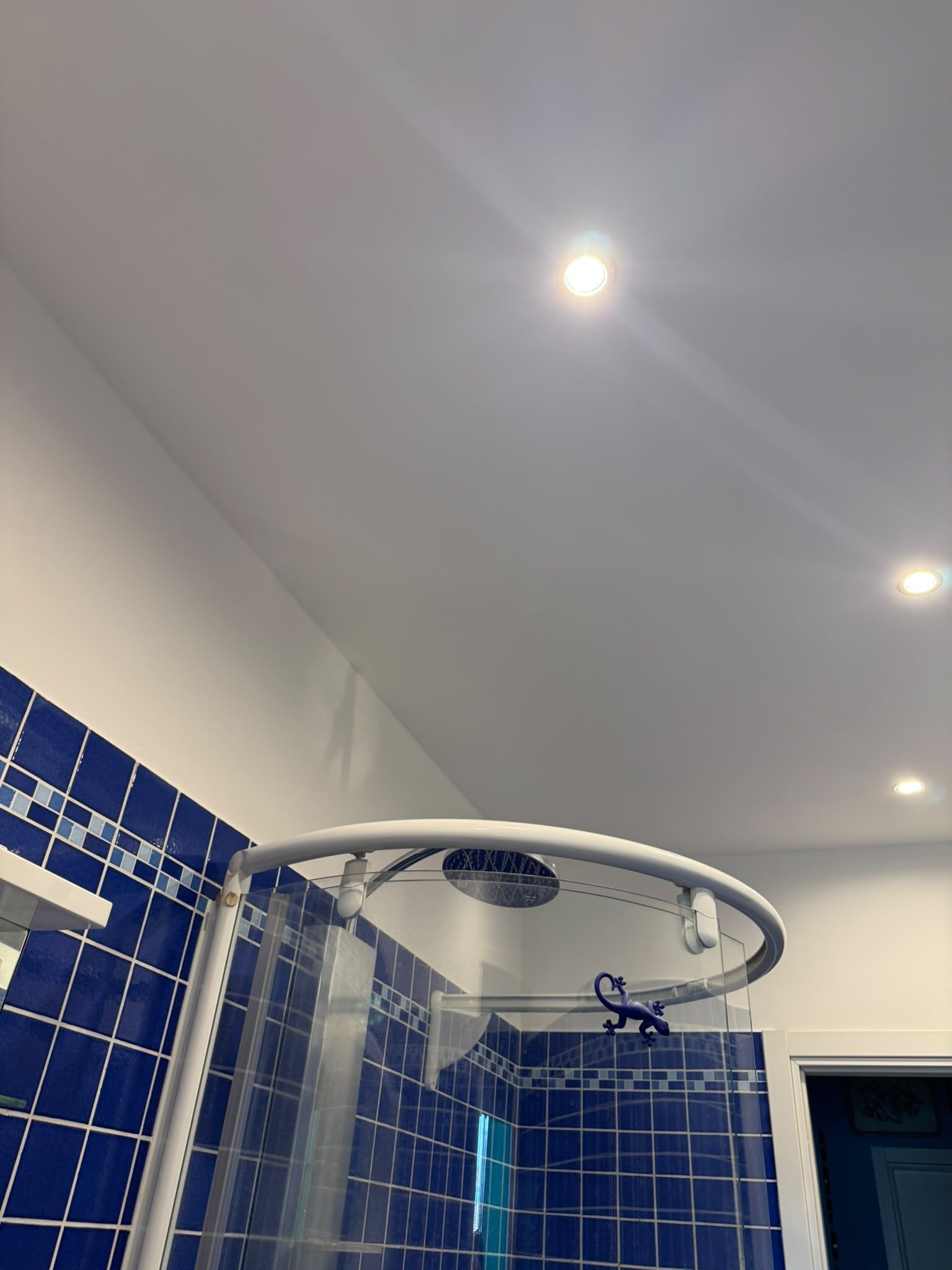 Bagno moderno con pareti piastrellate di blu, una doccia e luci a soffitto