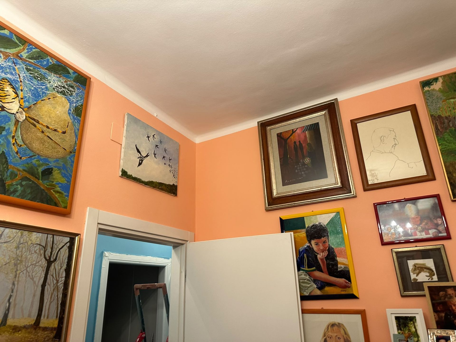 Stanza dalle pareti color pesca, con molti quadri incorniciati e una porta bianca socchiusa.