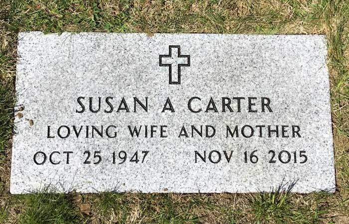 Gravestone for Susan A. Carter with cross, “Loving wife and mother,” dated Oct. 25, 1947–Nov. 16, 2015