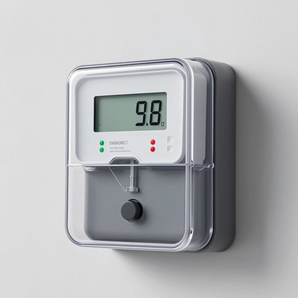Monitor digitale da parete con copertura protettiva trasparente, che visualizza il numero 9.8 su uno schermo bianco con spie di stato.