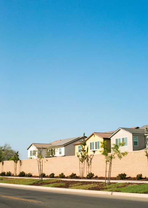 Row of suburban houses behind a tan wall under a clear blue sky