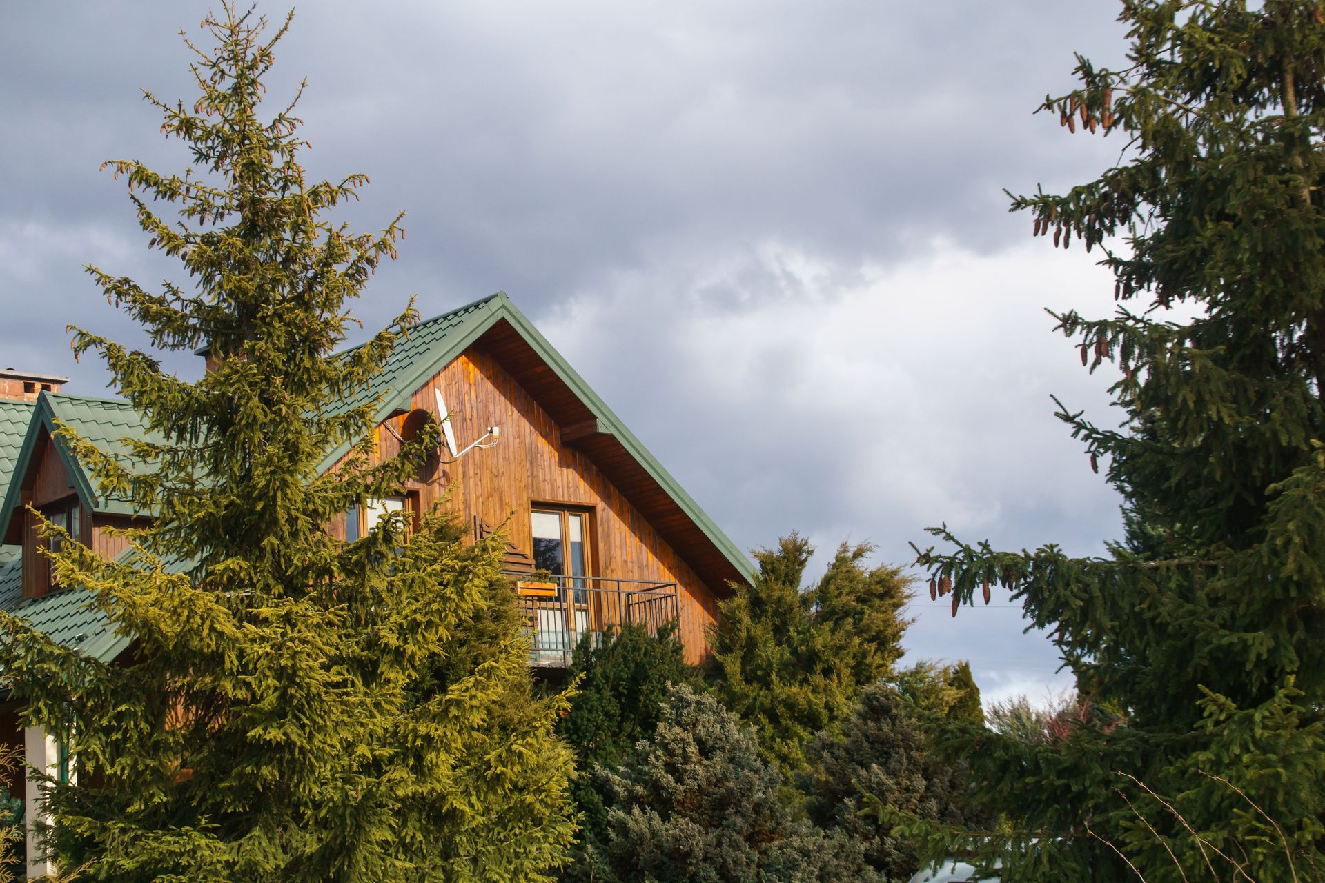 Wooden cabin with a green roof surrounded by pine trees under a cloudy sky