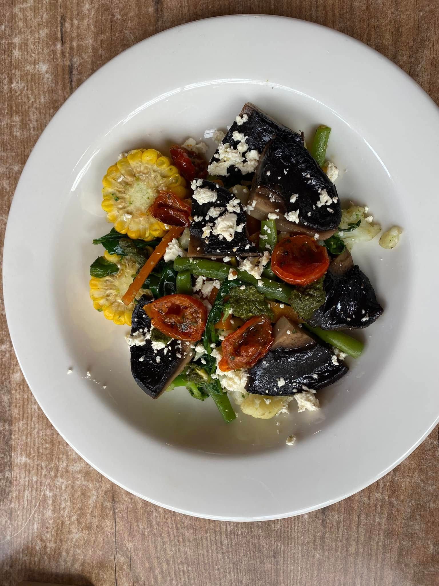 Salad With Eggplant, Corn, and Feta Cheese on a White Plate — 321 Cafe Learmonth In Learmonth, VIC