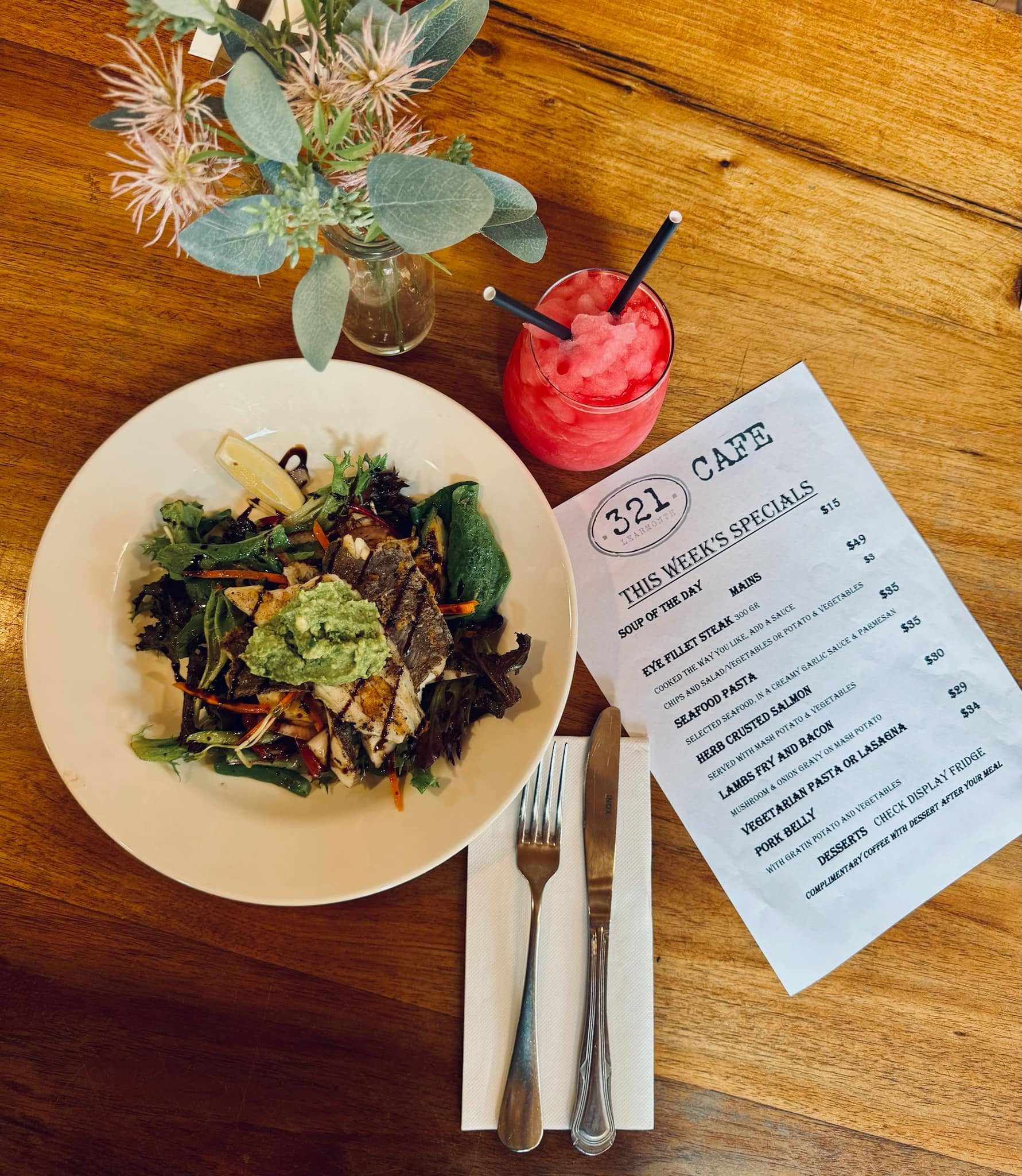 Salad, Drink, and Menu on a Wooden Table — 321 Cafe Learmonth In Learmonth, VIC