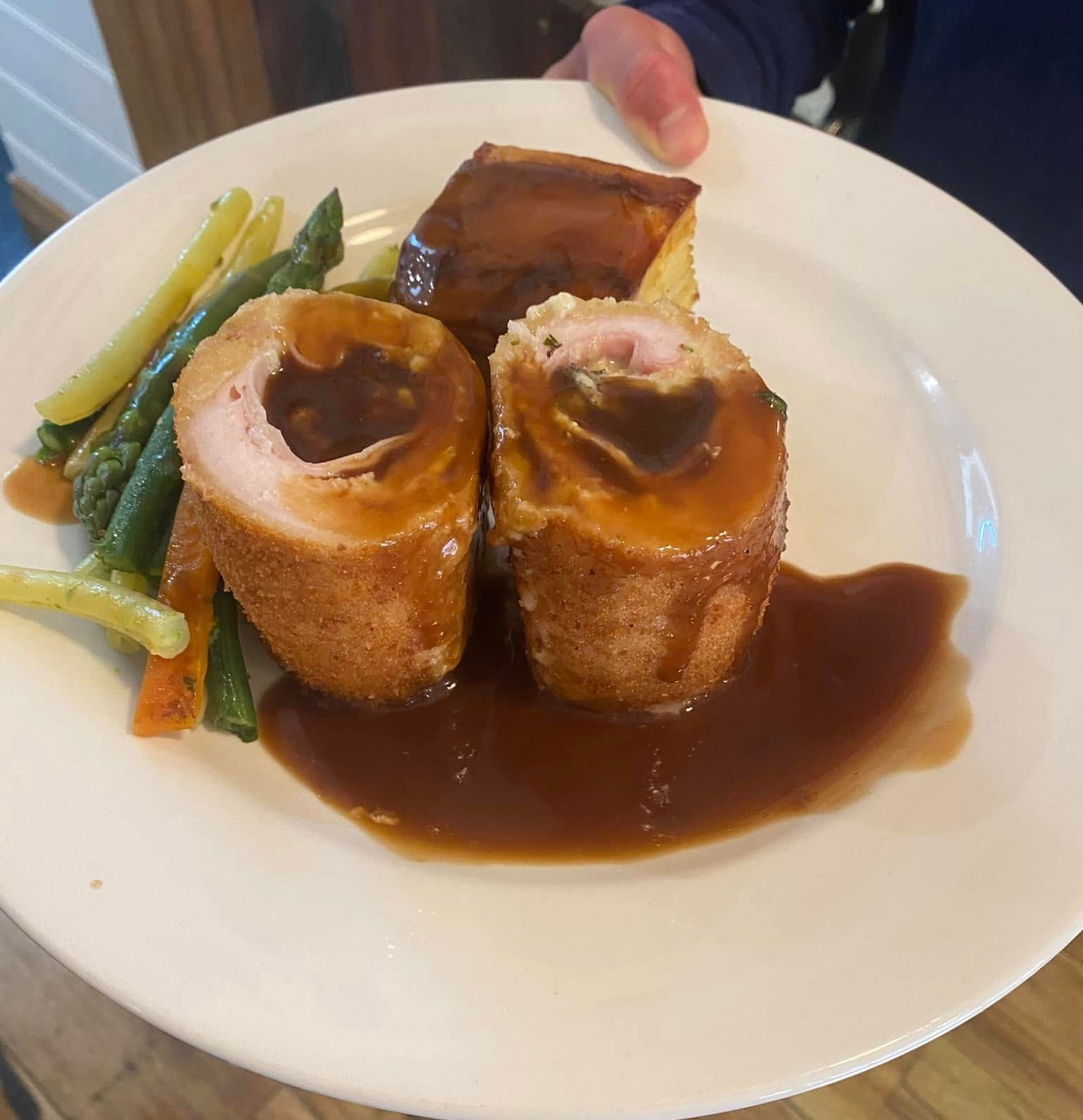 Plate of Food: Breaded Meat Rolls With Gravy, Vegetables, and Potato — 321 Cafe Learmonth In Learmonth, VIC